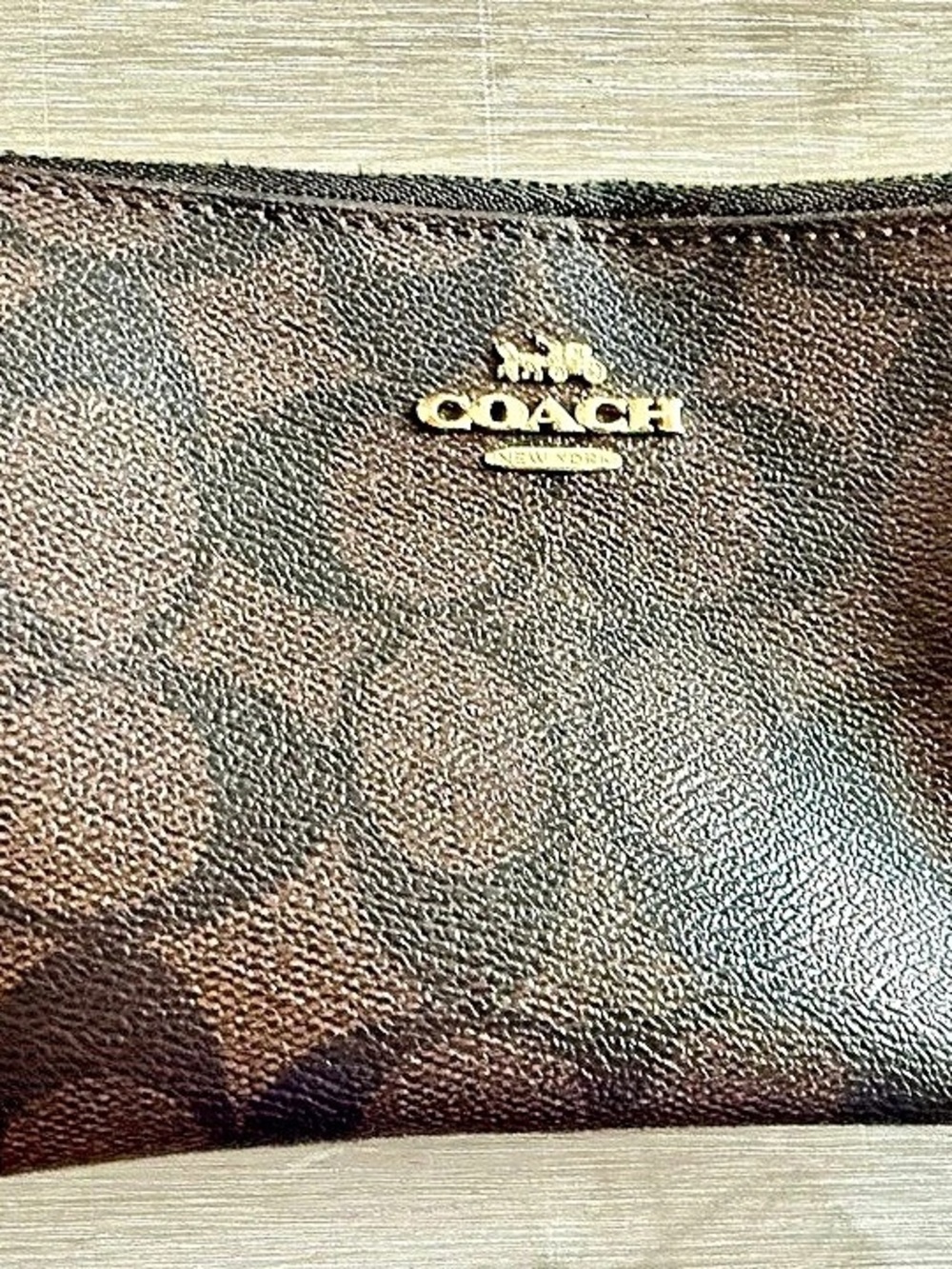 COACH Double Corner Zip Wristlet In Signature Canvas Brown & Black